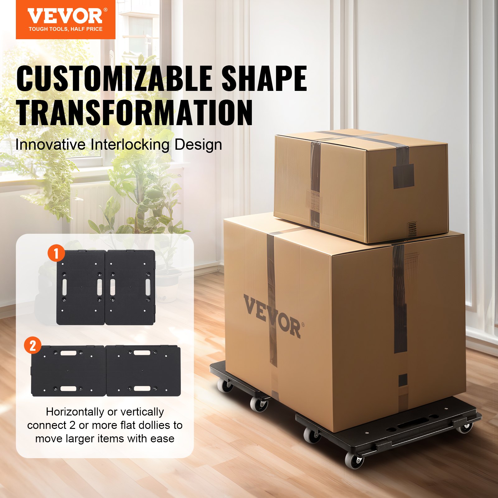 VEVOR furniture dolly with boxes, showcasing customizable shape transformation and interlocking design.
