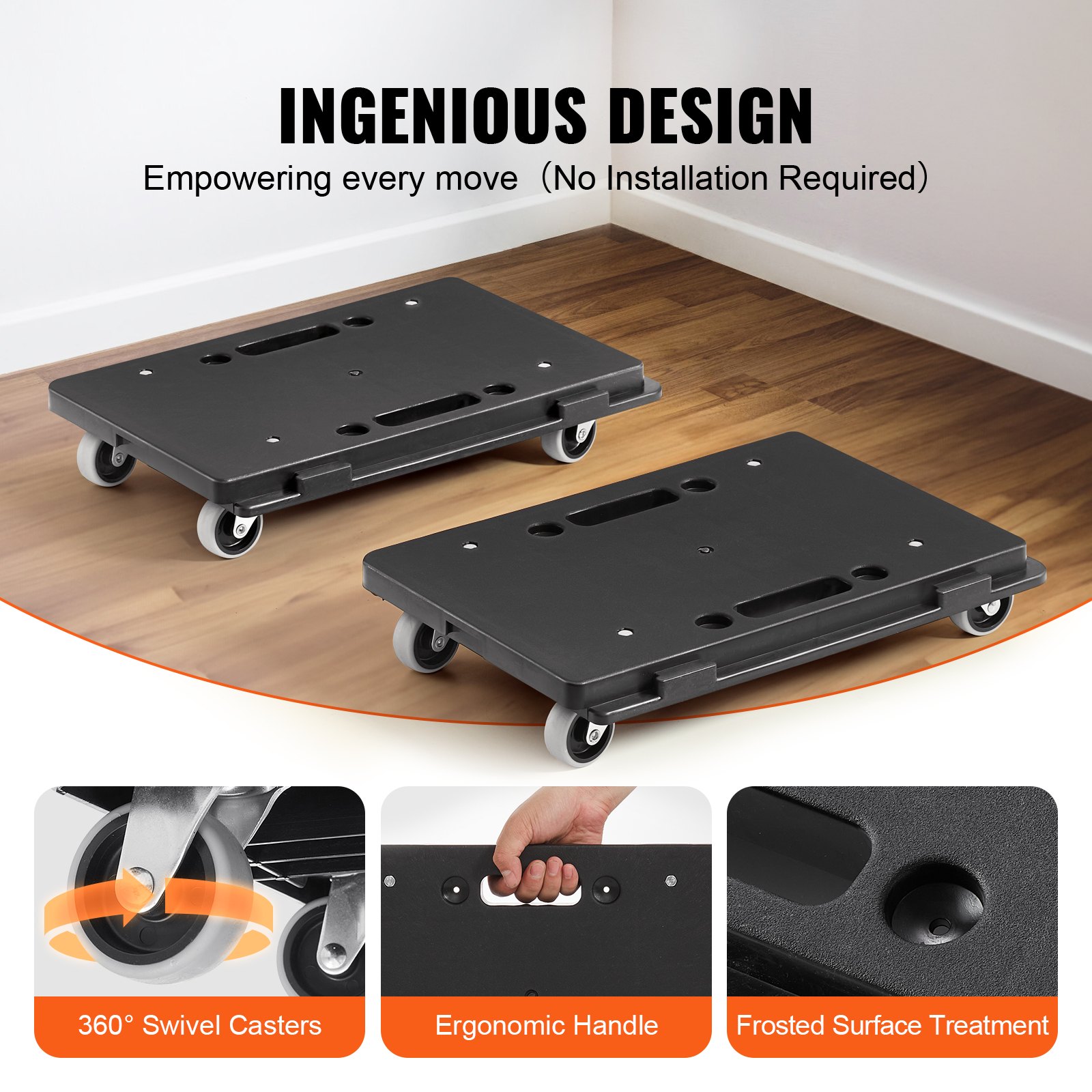 VEVOR furniture dolly with 360° swivel casters, ergonomic handle, and frosted surface treatment.