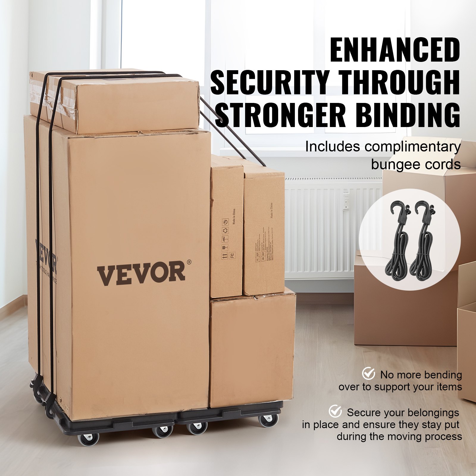 VEVOR furniture dolly loaded with boxes and secured by bungee cords in a room.