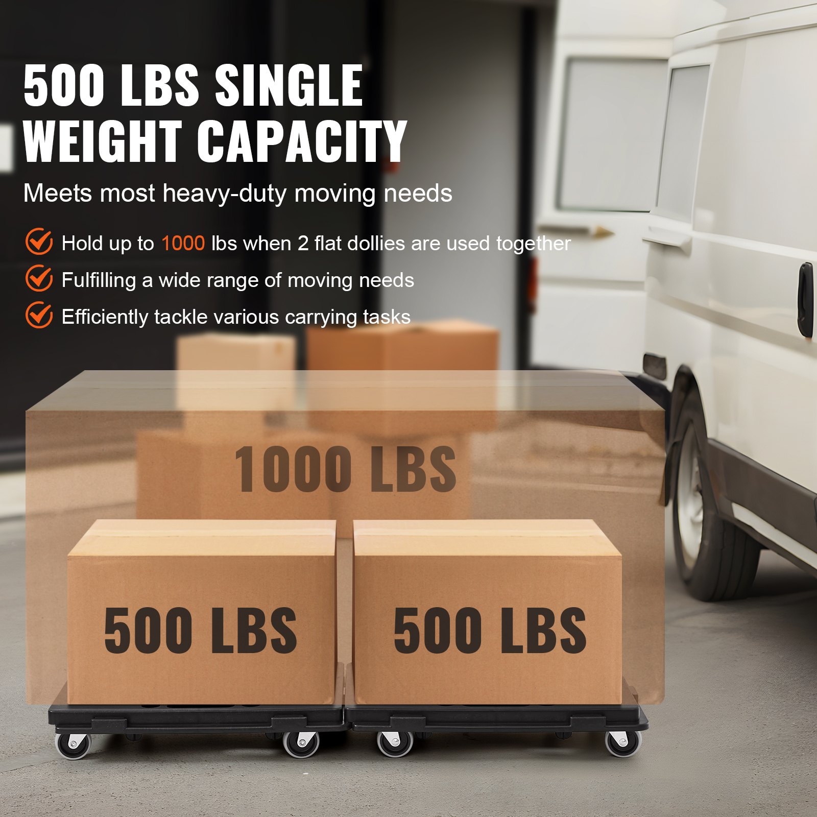 VEVOR furniture dolly with 500 lbs weight capacity, holding up to 1000 lbs using two dollies together.