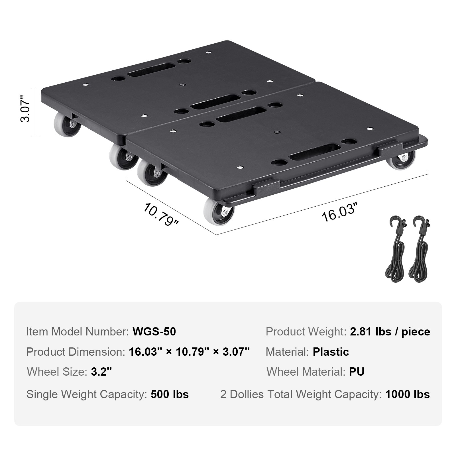 VEVOR furniture dolly dimensions and specs, showing black plastic platform and swivel wheels.