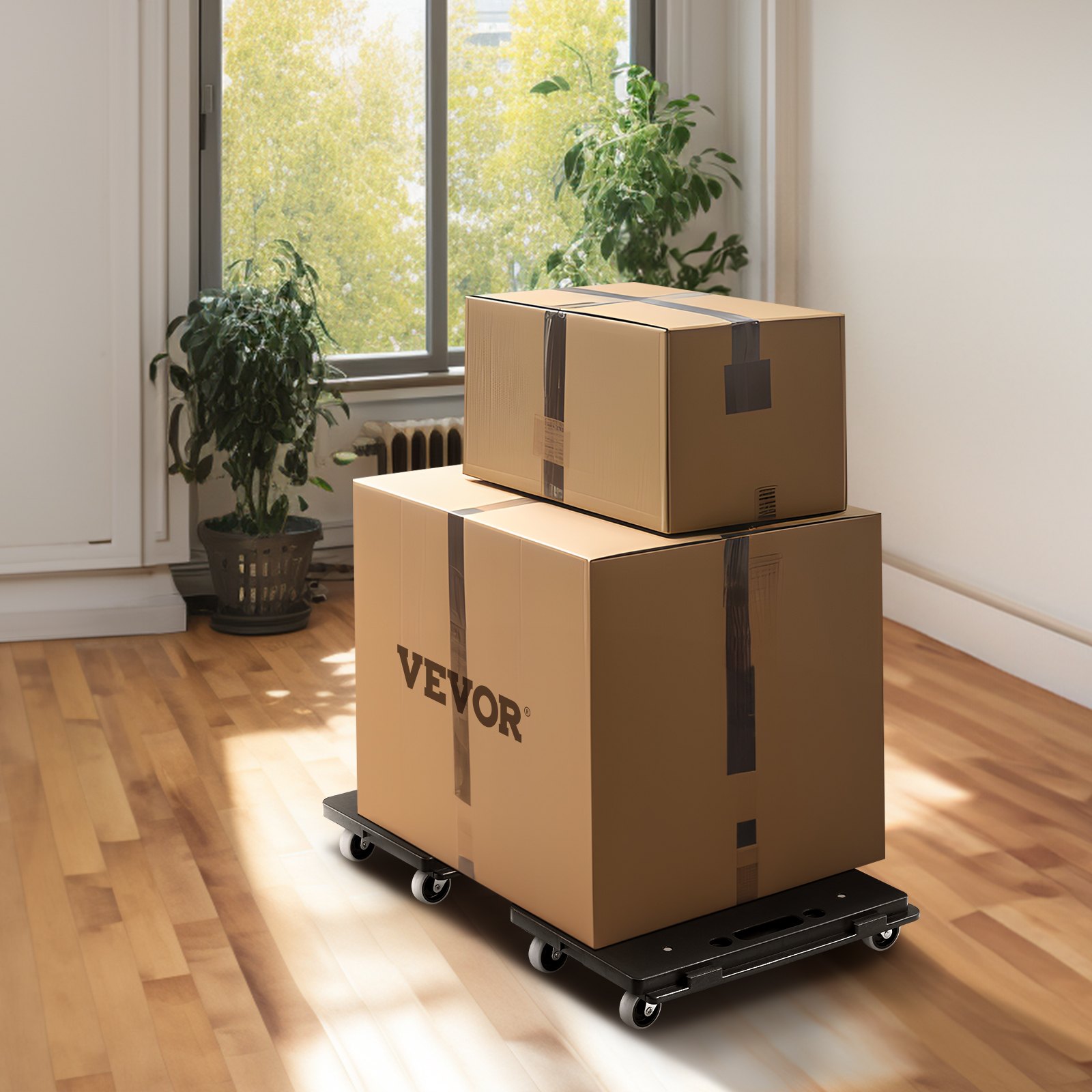 cardboard boxes stacked on a VEVOR furniture dolly in a sunlit room with wooden floors and plants.