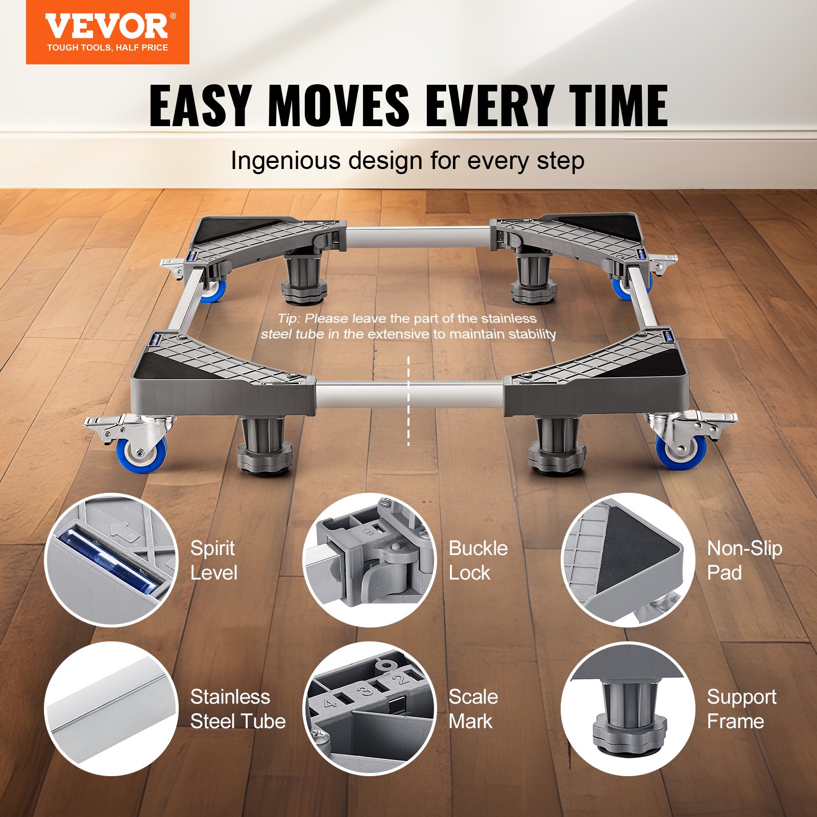 VEVOR Mini Fridge Stand, 181.4 kg Load, 4 Strong Feet, 4 Locking Swivel Wheels, Washer and Dryer Pedestal, Multi-Functional Adjustable Base for Washing Machine, and Refrigerator, Universal Mobile Base