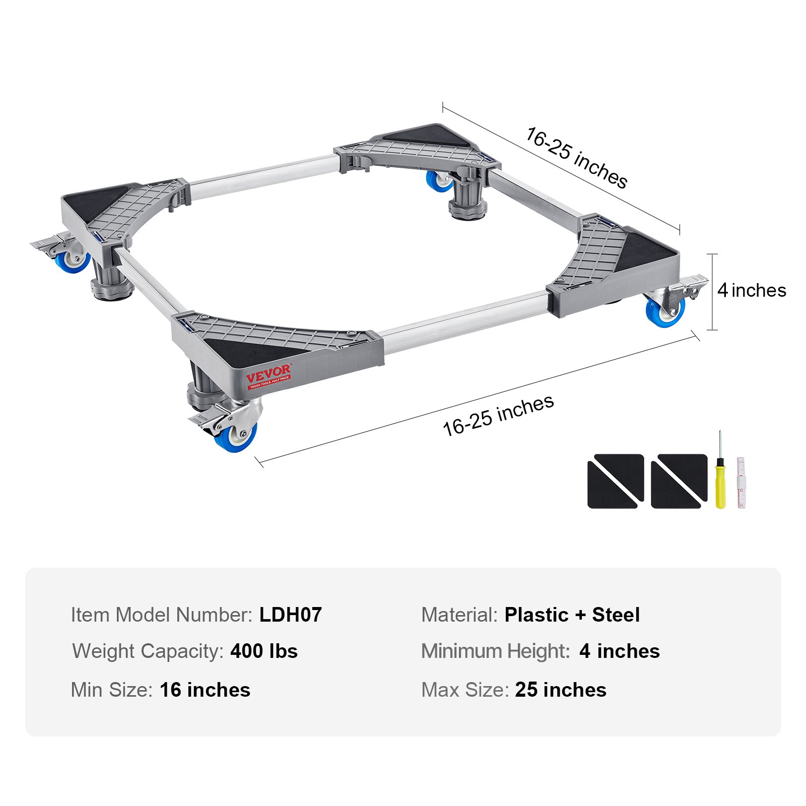 VEVOR Mini Fridge Stand, 181.4 kg Load, 4 Strong Feet, 4 Locking Swivel Wheels, Washer and Dryer Pedestal, Multi-Functional Adjustable Base for Washing Machine, and Refrigerator, Universal Mobile Base