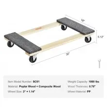 VEVOR Furniture Dolly, 1000 lbs Load Capacity, 18" x 30", 4 x 3" PP Swivel Casters, Heavy Duty Hardwood Furniture Moving Dolly, Mover's Dolly, Moving Cart with Wheels for Heavy Furniture Home Cleaning