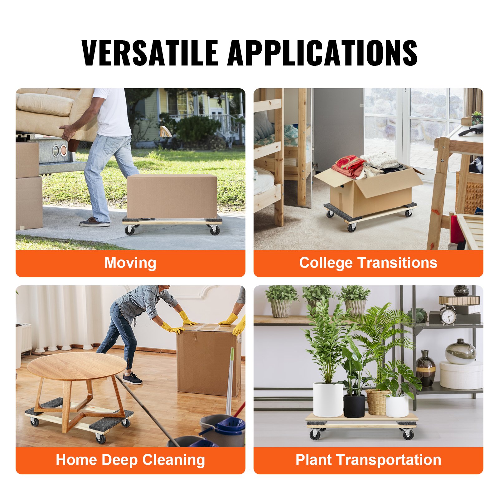 VEVOR Furniture Dolly, 1000 lbs Load Capacity, 18" x 30", 4 x 3" PP Swivel Casters, Heavy Duty Hardwood Furniture Moving Dolly, Mover's Dolly, Moving Cart with Wheels for Heavy Furniture Home Cleaning