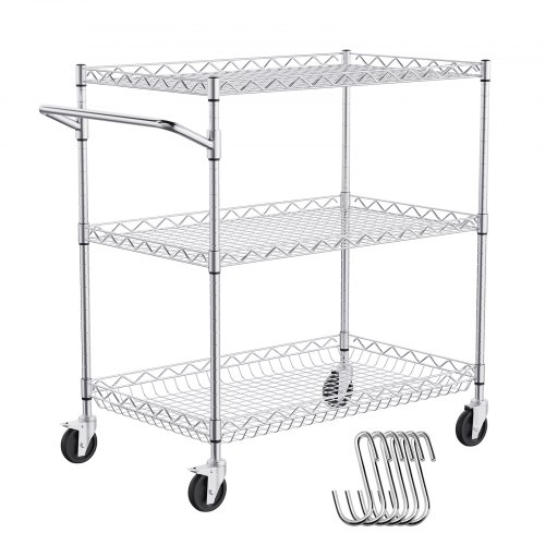 VEVOR Kitchen Utility Cart, 3 Tiers, Wire Rolling Cart with 661LBS  Capacity, Steel Service Cart on Wheels, Metal Storage Trolley with 80mm  Deep Basket