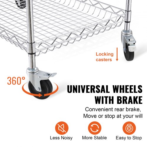 VEVOR 3-Tier Utility Cart Rolling Cart on Wheels 30"x18"x32.4" 661 LBS 6 Hooks