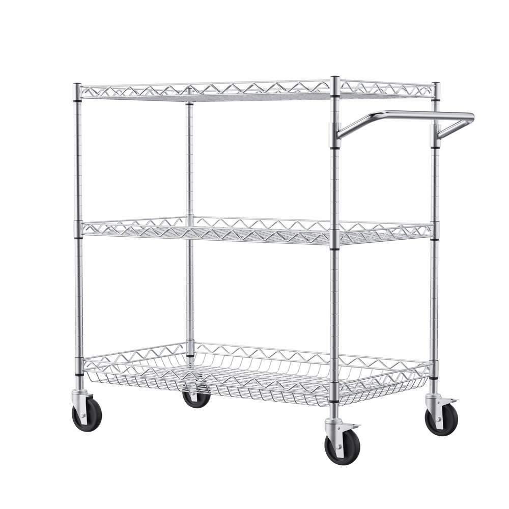 VEVOR Kitchen Utility Cart, 3 Tiers, Wire Rolling Cart with 300kg Capacity, Steel Service Cart on Wheels, Metal Storage Trolley with 80mm Deep Basket Curved Handle 6 Hooks, for Indoor and Outdoor Use