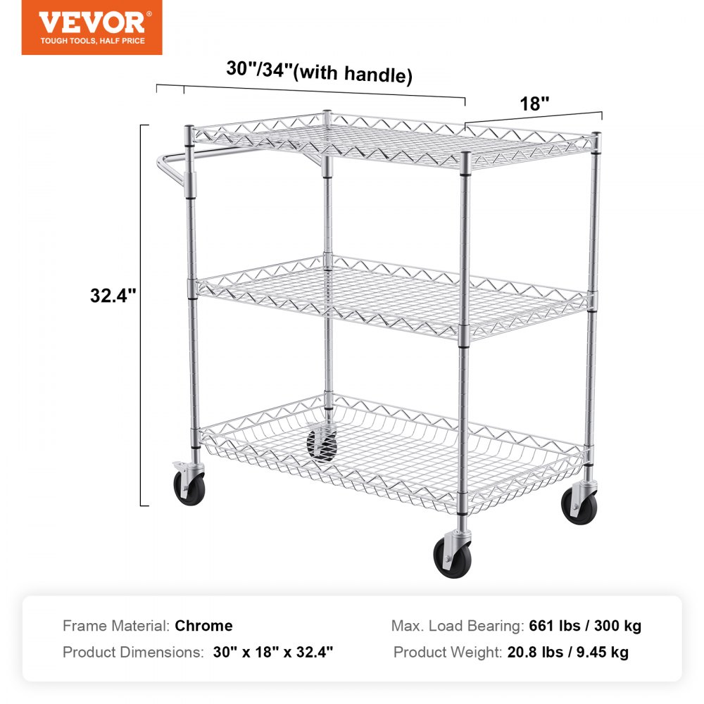 VEVOR Kitchen Utility Cart, 3 Tiers, Wire Rolling Cart with 300kg Capacity, Steel Service Cart on Wheels, Metal Storage Trolley with 80mm Deep Basket Curved Handle 6 Hooks, for Indoor and Outdoor Use