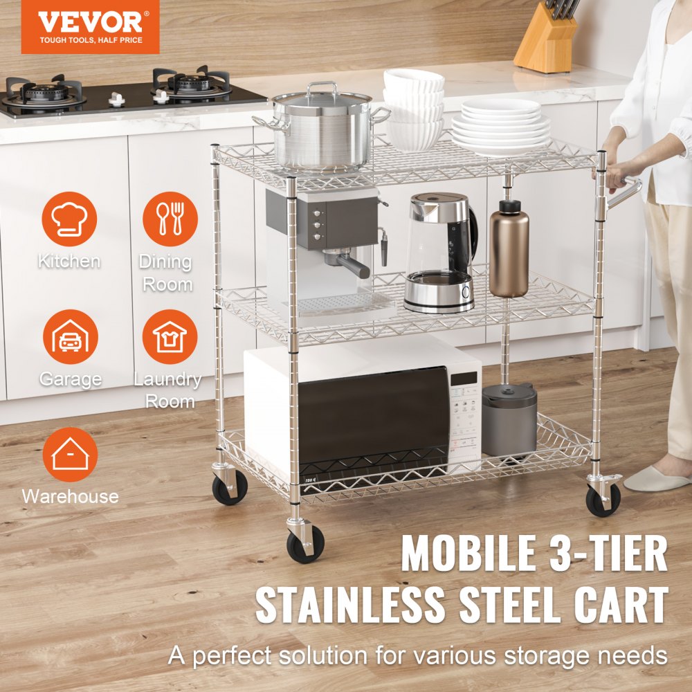 VEVOR Kitchen Utility Cart, 3 Tier Heavy Duty Adjustable Wire Storage Rack, Commercial Steel Rolling Service Trolley on Wheels, Work Table with Handle Bar, for Garage and Laundry Room, 76x46x91 cm