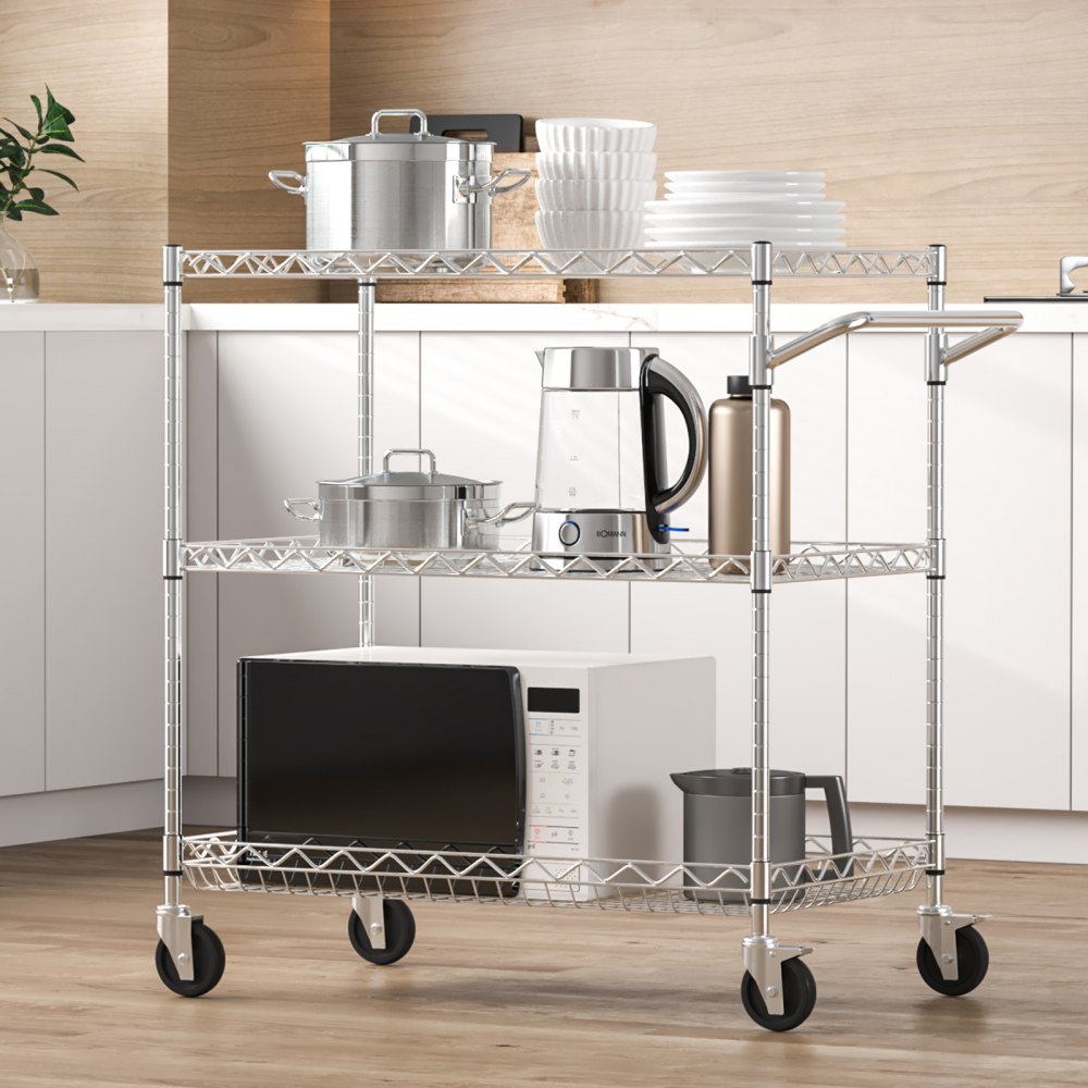 VEVOR Kitchen Utility Cart, 3 Tier Heavy Duty Adjustable Wire Storage Rack, Commercial Steel Rolling Service Trolley on Wheels, Work Table with Handle Bar, for Garage and Laundry Room, 76x46x91 cm