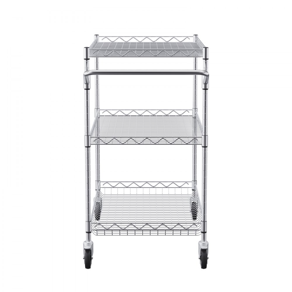 VEVOR Kitchen Utility Cart, 3 Tier Heavy Duty Adjustable Wire Storage Rack, Commercial Steel Rolling Service Trolley on Wheels, Work Table with Handle Bar, for Garage and Laundry Room, 76x46x91 cm