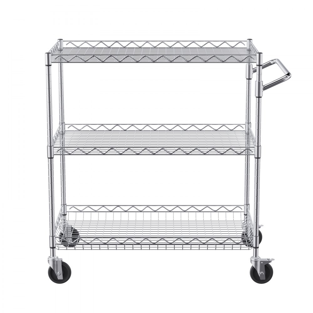 VEVOR Kitchen Utility Cart, 3 Tiers, Wire Rolling Cart with 661LBS Capacity, Steel Service Cart on Wheels, Metal Storage Trolley with 80mm Deep Basket Curved Handle 6 Hooks, for Indoor and Outdoor Use