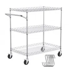 VEVOR Kitchen Utility Cart, 3 Tiers, Wire Rolling Cart with 661LBS Capacity, Steel Service Cart on Wheels, Metal Storage Trolley with 80mm Deep Basket Curved Handle 6 Hooks, for Indoor and Outdoor Use