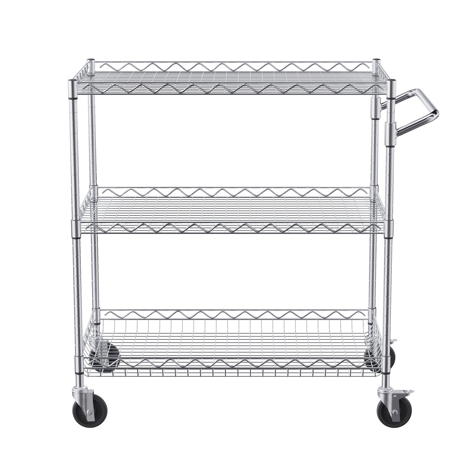 VEVOR Kitchen Utility Cart, 3 Tiers, Wire Rolling Cart with 300kg Capacity, Steel Service Cart on Wheels, Metal Storage Trolley with 80mm Deep Basket Curved Handle 6 Hooks, for Indoor and Outdoor Use