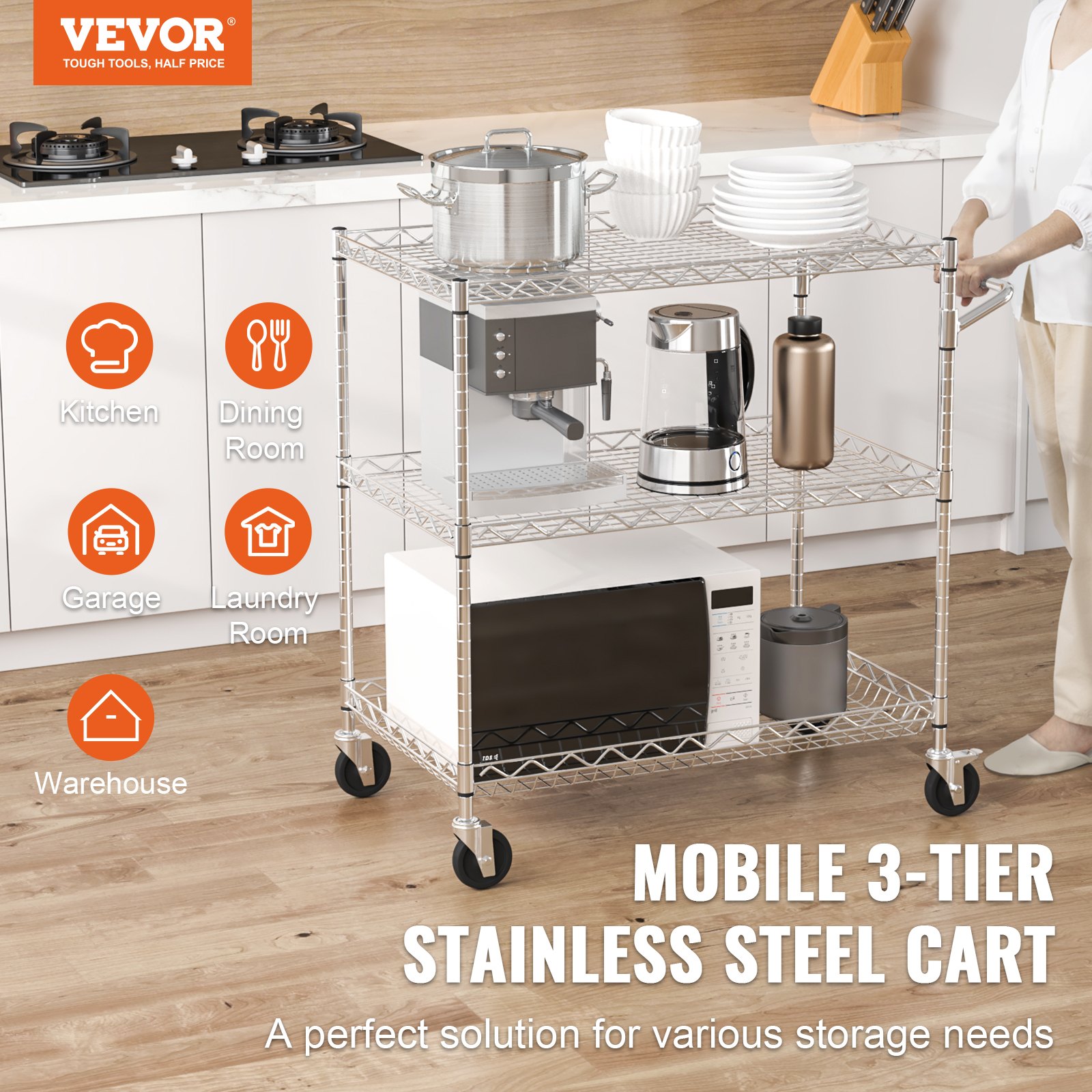 VEVOR Kitchen Utility Cart, 3 Tier Heavy Duty Adjustable Wire Storage Rack, Commercial Steel Rolling Service Trolley on Wheels, Work Table with Handle Bar, for Garage and Laundry Room, 76x46x91 cm