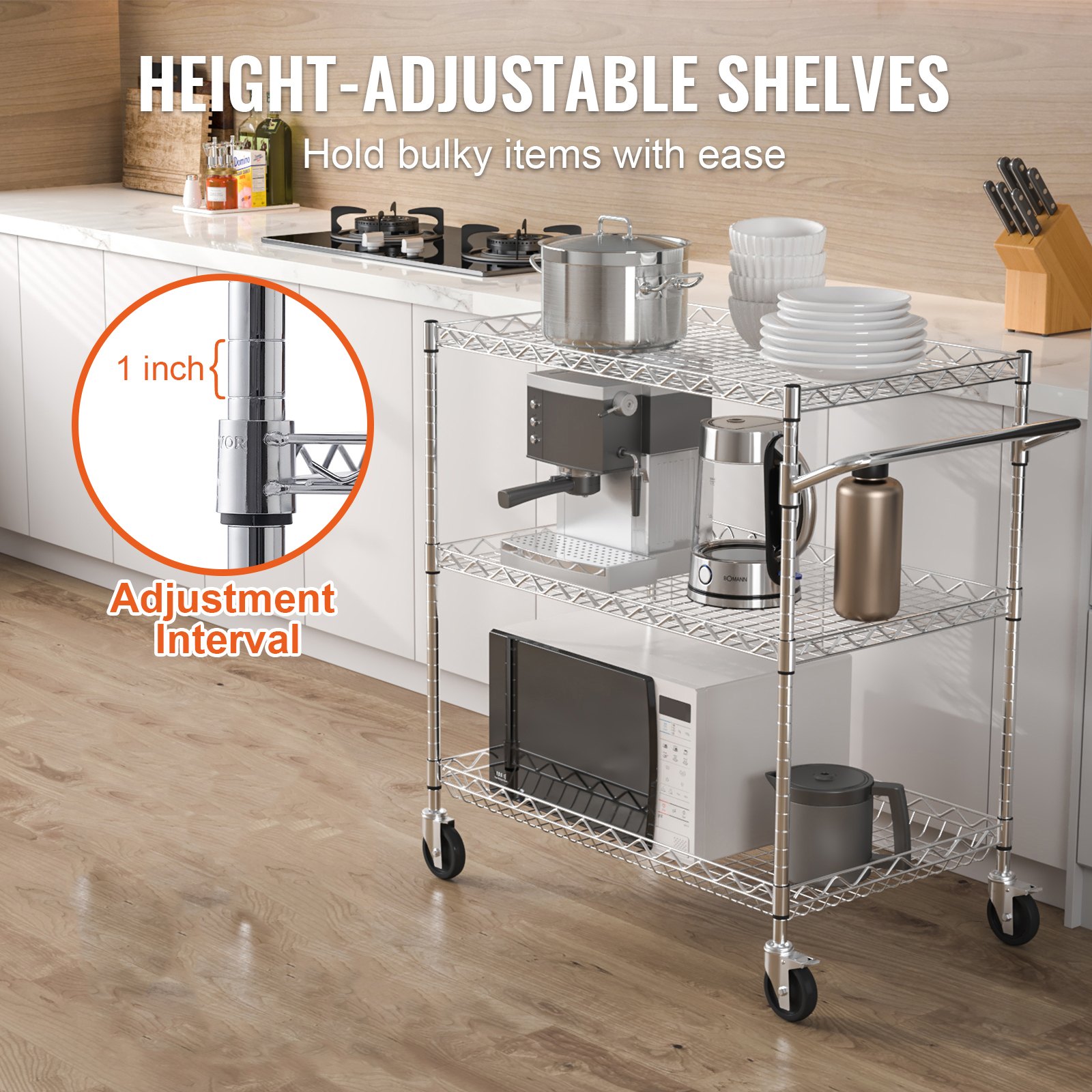 VEVOR Kitchen Utility Cart, 3 Tier Heavy Duty Adjustable Wire Storage Rack, Commercial Steel Rolling Service Trolley on Wheels, Work Table with Handle Bar, for Garage and Laundry Room, 76x46x91 cm