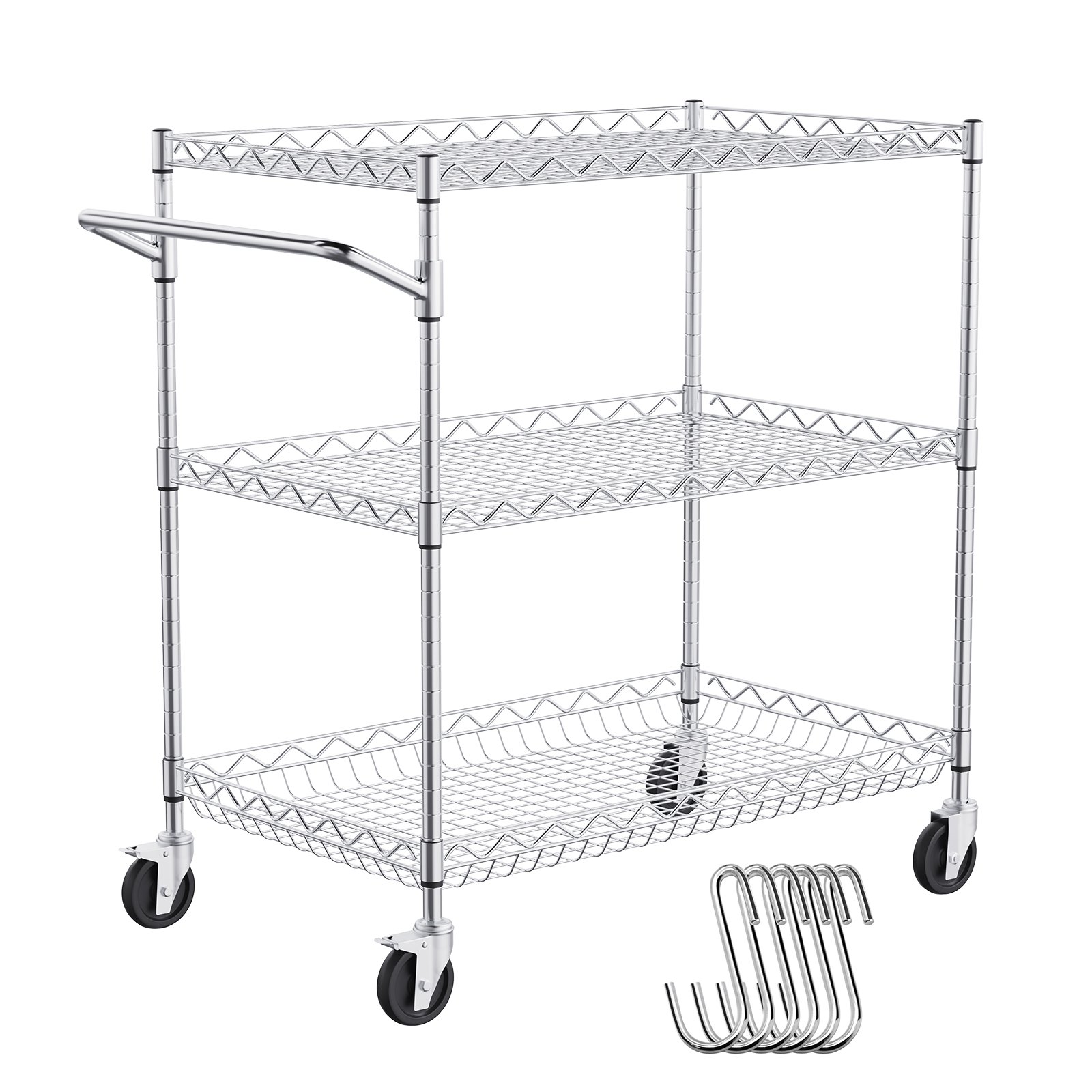 VEVOR Kitchen Utility Cart, 3 Tier Heavy Duty Adjustable Wire Storage Rack, Commercial Steel Rolling Service Trolley on Wheels, Work Table with Handle Bar, for Garage and Laundry Room, 76x46x91 cm