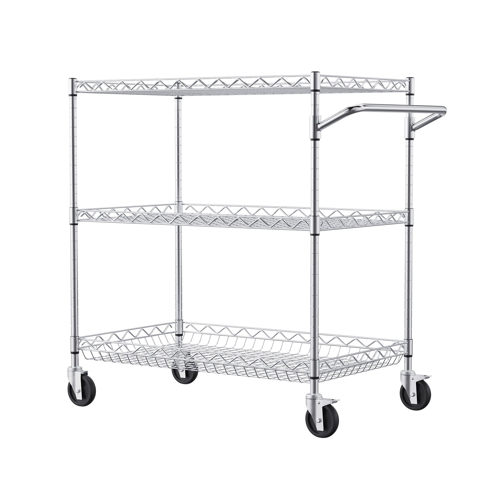 VEVOR Kitchen Utility Cart, 3 Tier Heavy Duty Adjustable Wire Storage Rack, Commercial Steel Rolling Service Trolley on Wheels, Work Table with Handle Bar, for Garage and Laundry Room, 76x46x91 cm