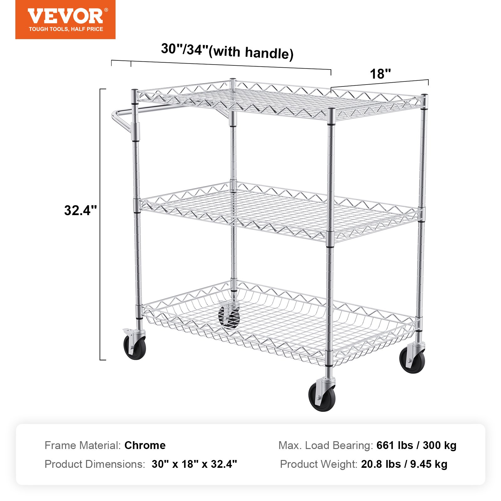 VEVOR Kitchen Utility Cart, 3 Tiers, Wire Rolling Cart with 661LBS Capacity, Steel Service Cart on Wheels, Metal Storage Trolley with 80mm Deep Basket Curved Handle 6 Hooks, for Indoor and Outdoor Use