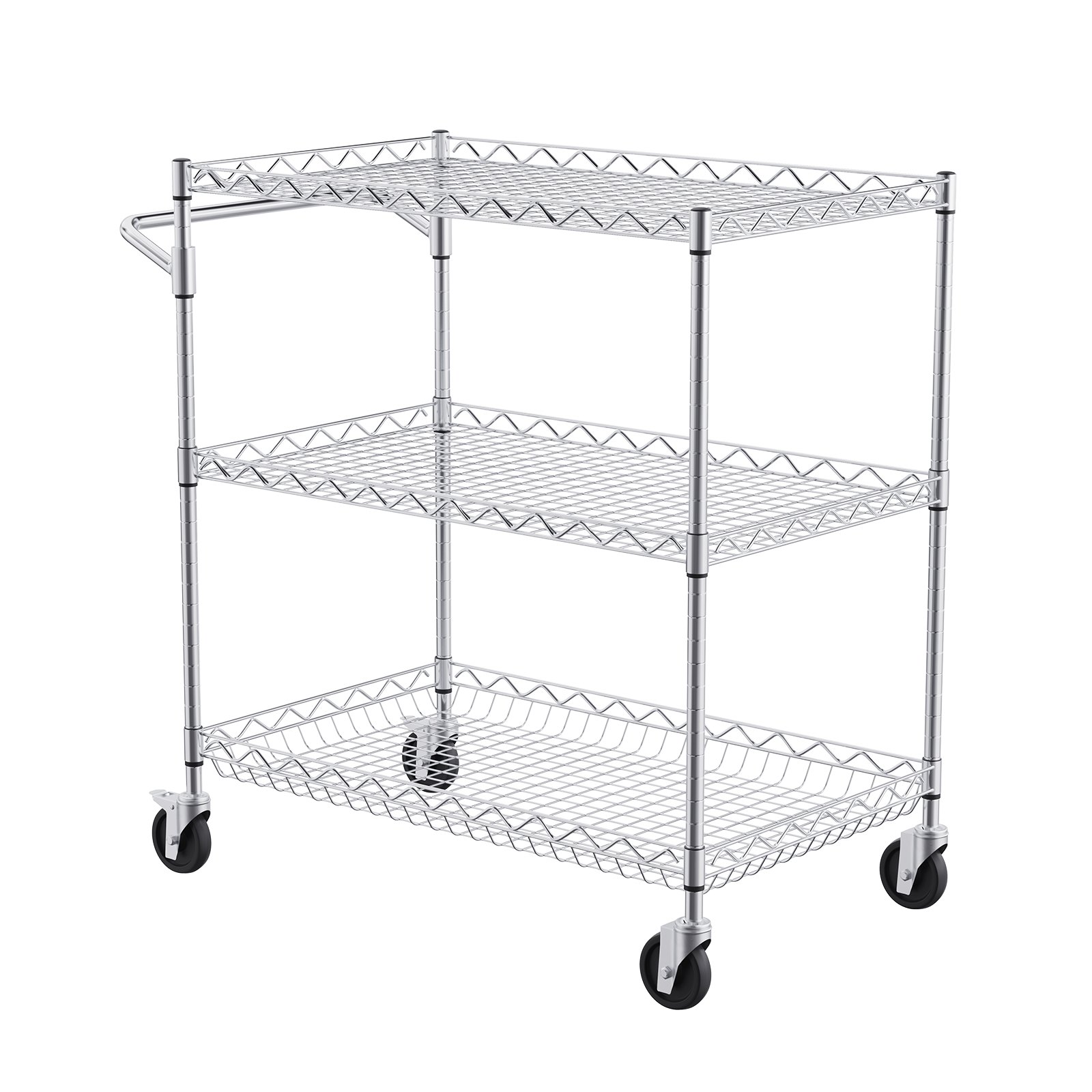 VEVOR Kitchen Utility Cart, 3 Tiers, Wire Rolling Cart with 661LBS Capacity, Steel Service Cart on Wheels, Metal Storage Trolley with 80mm Deep Basket Curved Handle 6 Hooks, for Indoor and Outdoor Use