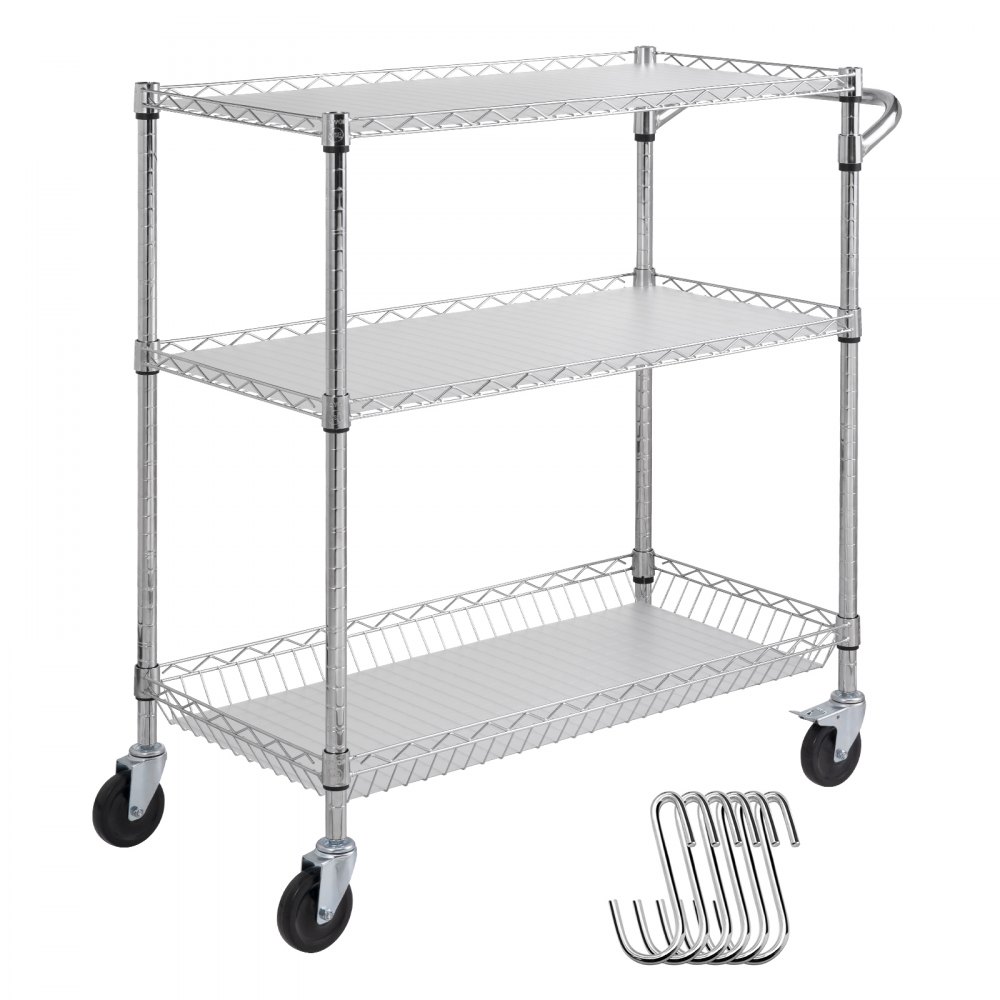 VEVOR 3-tier utility cart with chrome finish, swivel casters, and included metal hooks.