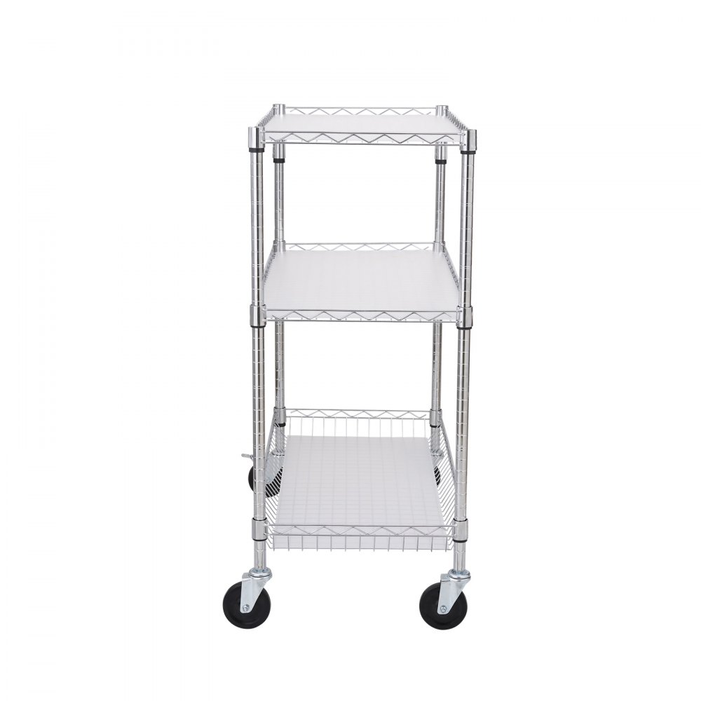 VEVOR Kitchen Utility Cart, 3 Tiers, Wire Rolling Cart with 661LBS Capacity, Steel Service Cart on Wheels, Metal Storage Trolley with 80mm Basket Curved Handle PP Liner 6 Hooks, for Indoor and Outdoor