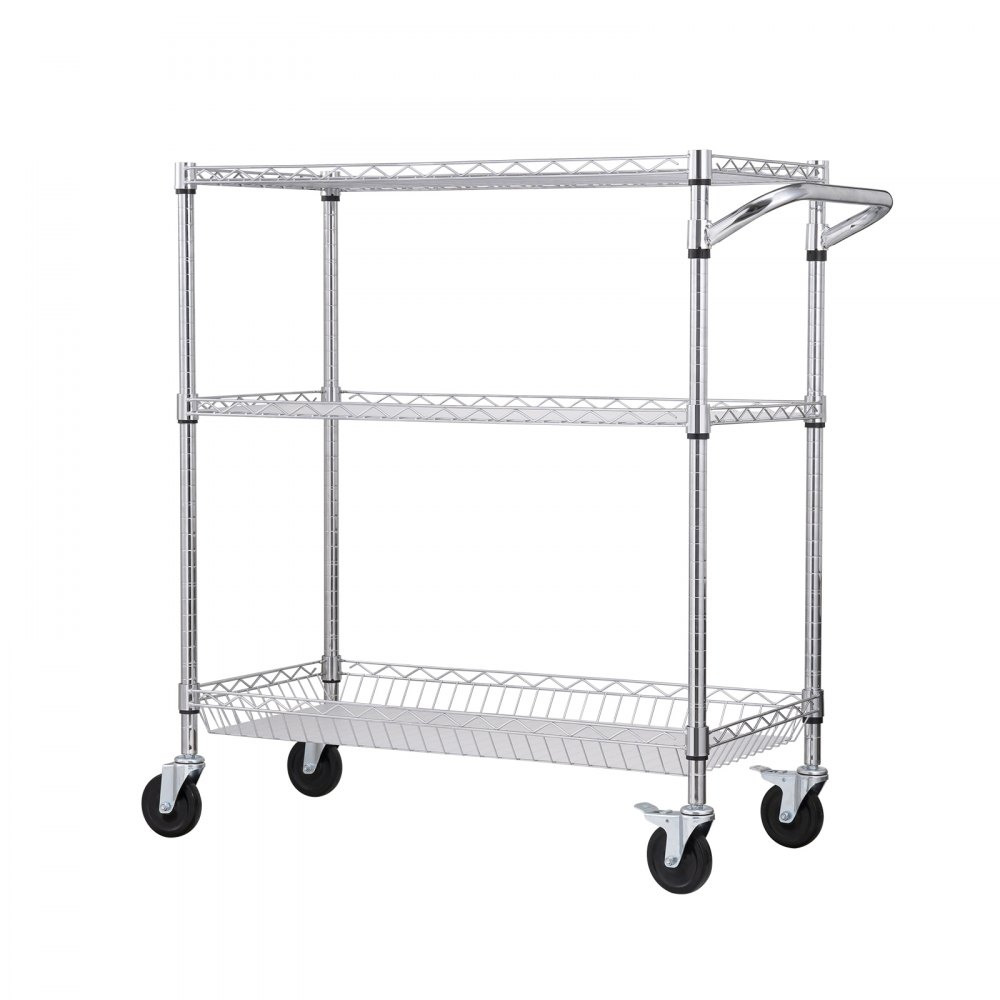 VEVOR Kitchen Utility Cart, 3 Tiers, Wire Rolling Cart with 661LBS Capacity, Steel Service Cart on Wheels, Metal Storage Trolley with 80mm Basket Curved Handle PP Liner 6 Hooks, for Indoor and Outdoor