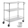 VEVOR 3-tier utility cart with chrome finish, swivel casters, and included metal hooks.