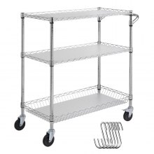 VEVOR Kitchen Utility Cart, 3 Tiers, Wire Rolling Cart with 661LBS Capacity, Steel Service Cart on Wheels, Metal Storage Trolley with 80mm Basket Curved Handle PP Liner 6 Hooks, for Indoor and Outdoor