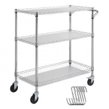 VEVOR Kitchen Utility Cart, 3 Tiers, Wire Rolling Cart, Steel Service Cart on Wheels, Metal Storage Trolley with 80mm Basket Curved Handle PP Liner 6 Hooks, for Indoor and Outdoor