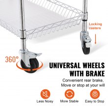 VEVOR 3-Tier Utility Cart Rolling Cart on Wheels 40.5"x17.7"x40.9" 661 LBS 6 Hooks