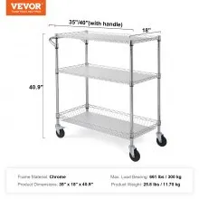 VEVOR Kitchen Utility Cart, 3 Tiers, Wire Rolling Cart with 661LBS Capacity, Steel Service Cart on Wheels, Metal Storage Trolley with 80mm Basket Curved Handle PP Liner 6 Hooks, for Indoor and Outdoor