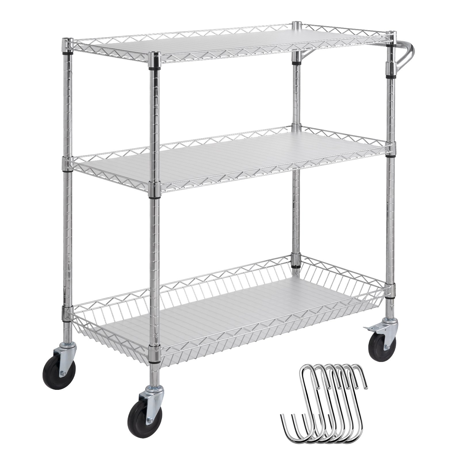 VEVOR Kitchen Utility Cart, 3 Tiers, Wire Rolling Cart, Steel Service Cart on Wheels, Metal Storage Trolley with 80mm Basket Curved Handle PP Liner 6 Hooks, for Indoor and Outdoor