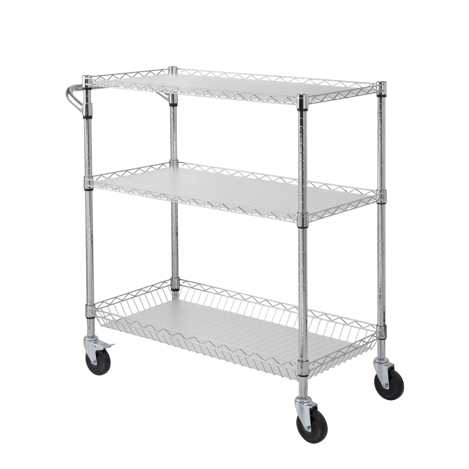 VEVOR Kitchen Utility Cart, 3 Tiers, Wire Rolling Cart, Steel Service Cart on Wheels, Metal Storage Trolley with 80mm Basket Curved Handle PP Liner 6 Hooks, for Indoor and Outdoor