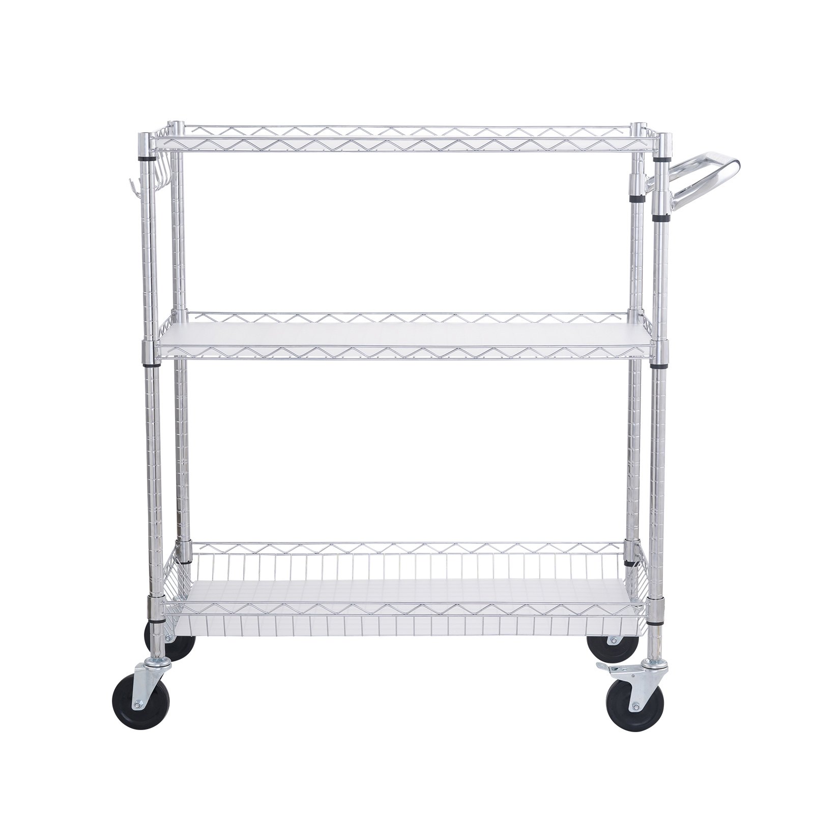 VEVOR Kitchen Utility Cart, 3 Tiers, Wire Rolling Cart with 661LBS Capacity, Steel Service Cart on Wheels, Metal Storage Trolley with 80mm Basket Curved Handle PP Liner 6 Hooks, for Indoor and Outdoor