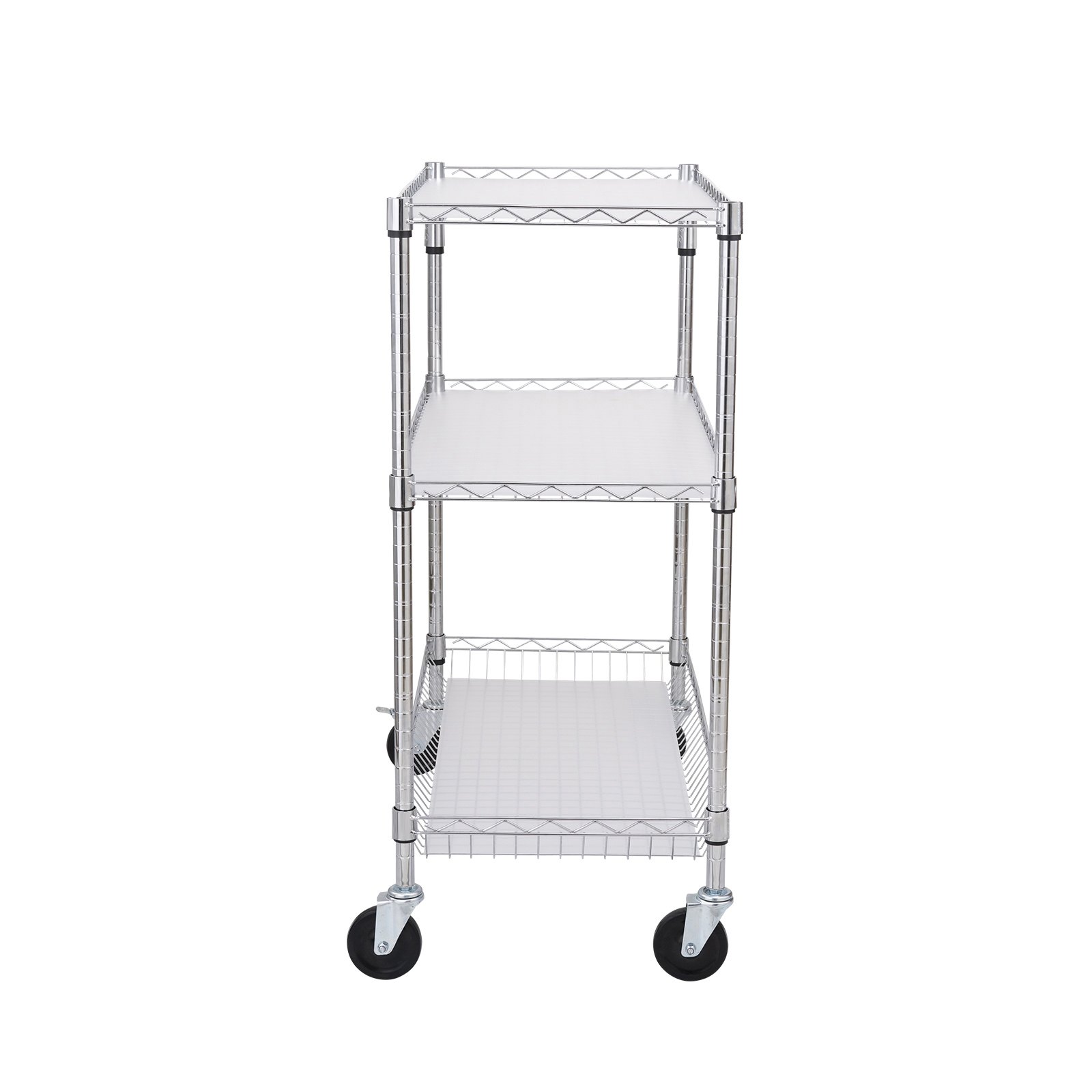 VEVOR Kitchen Utility Cart, 3 Tiers, Wire Rolling Cart with 661LBS Capacity, Steel Service Cart on Wheels, Metal Storage Trolley with 80mm Basket Curved Handle PP Liner 6 Hooks, for Indoor and Outdoor