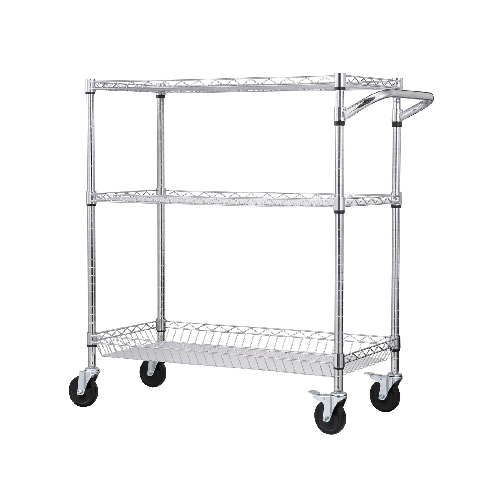 VEVOR Kitchen Utility Cart, 3 Tiers, Wire Rolling Cart with 661LBS Capacity, Steel Service Cart on Wheels, Metal Storage Trolley with 80mm Basket Curved Handle PP Liner 6 Hooks, for Indoor and Outdoor