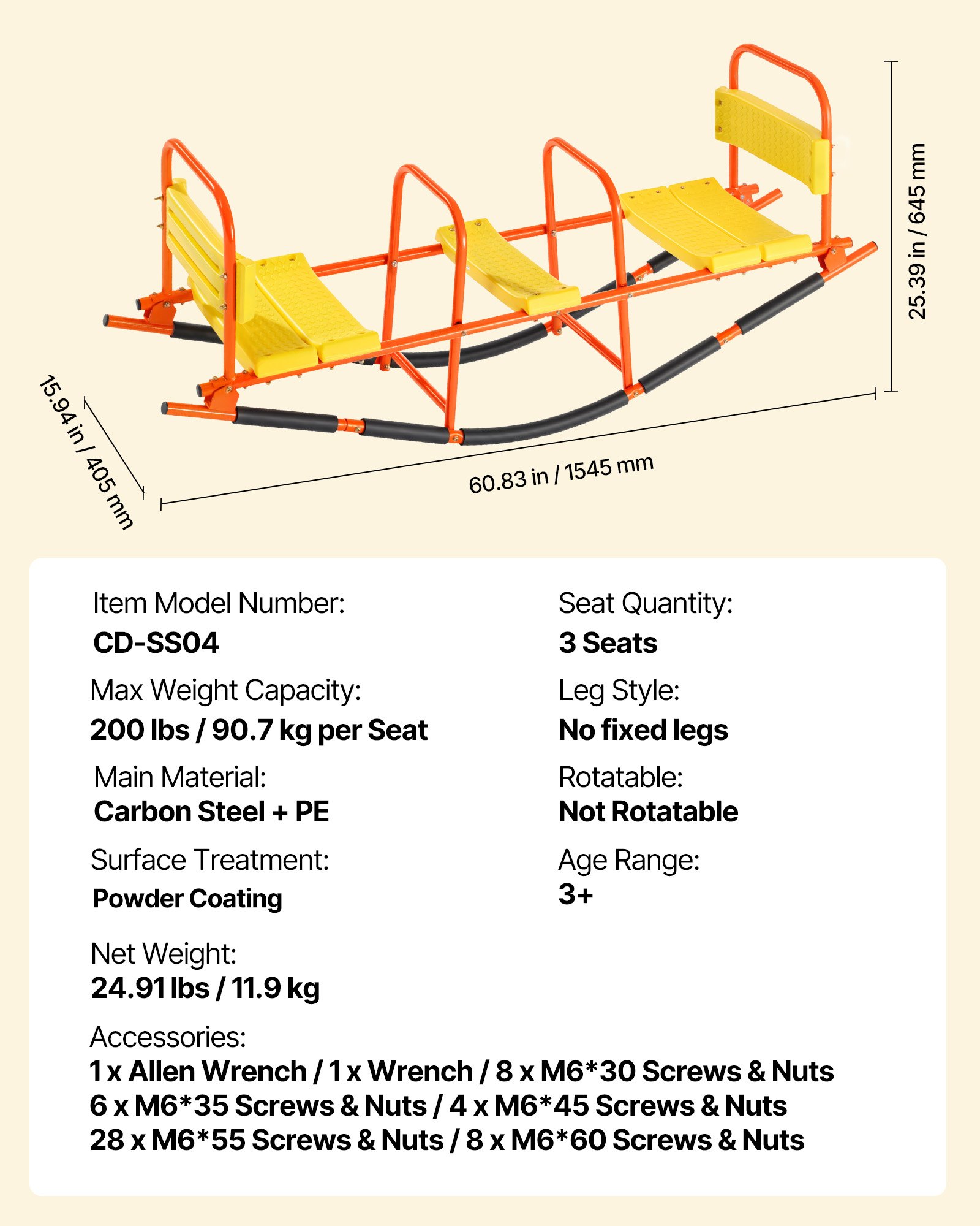 VEVOR Kids Seesaw, 90 kg Load Capacity, Metal Rocking Teeter Totter with Handles, Toddler Seesaw for Children Aged 3+, Kids Outdoor Playground Equipment for Lawn, Backyard, Playground, 2 Seats
