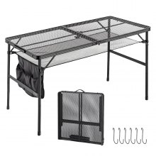 VEVOR Folding Grill Table 48x24 in Camping Tables 120lbs Capacity Aluminum, Compact for Picnic BBQ Tailgating, Adjustable Height, Outdoor Side Stand with Side Pocket, Portable Handle, Black Metal Mesh
