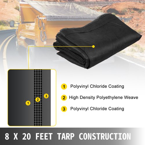 VEVOR Dump Truck Mesh Tarp 8'X20', Black Mesh Tarp with Grommets, Heavy Duty Mesh Tarp with 6'' Pocket Opening Shade, PVC Coated Trailer Tarp, for Truck Bed Cover