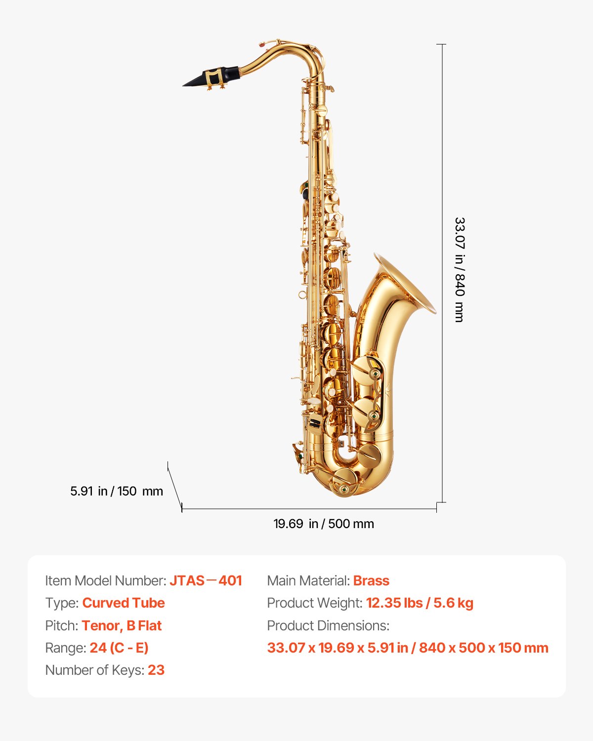 VEVOR Tenor Saxophone, B Flat, Professional Brass Saxophone Beginner Kit with Carrying Case, Mouthpiece, Straps, Cleaning Cloth, Gloves, Neck Strap, 23 Keys Tenor Sax Kit, for Beginners Students, Gold