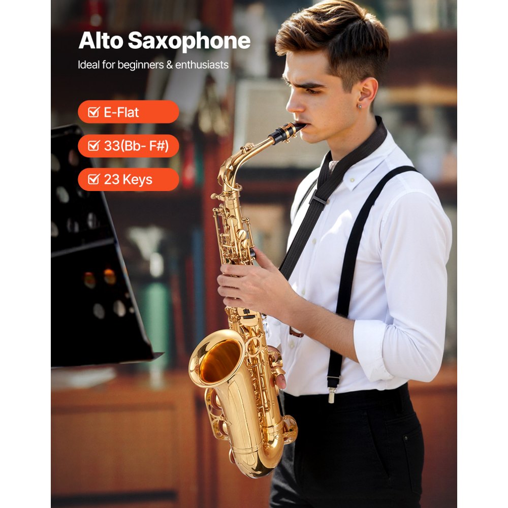 VEVOR Alto Saxophone, E Flat, Brass Saxophone Beginner Kit with Carrying Case, Mouthpiece, Straps, Cleaning Cloth Rod, Gloves, Grease, Neck Strap, 23 Keys Alto Sax Kit, for Beginners Students, Gold