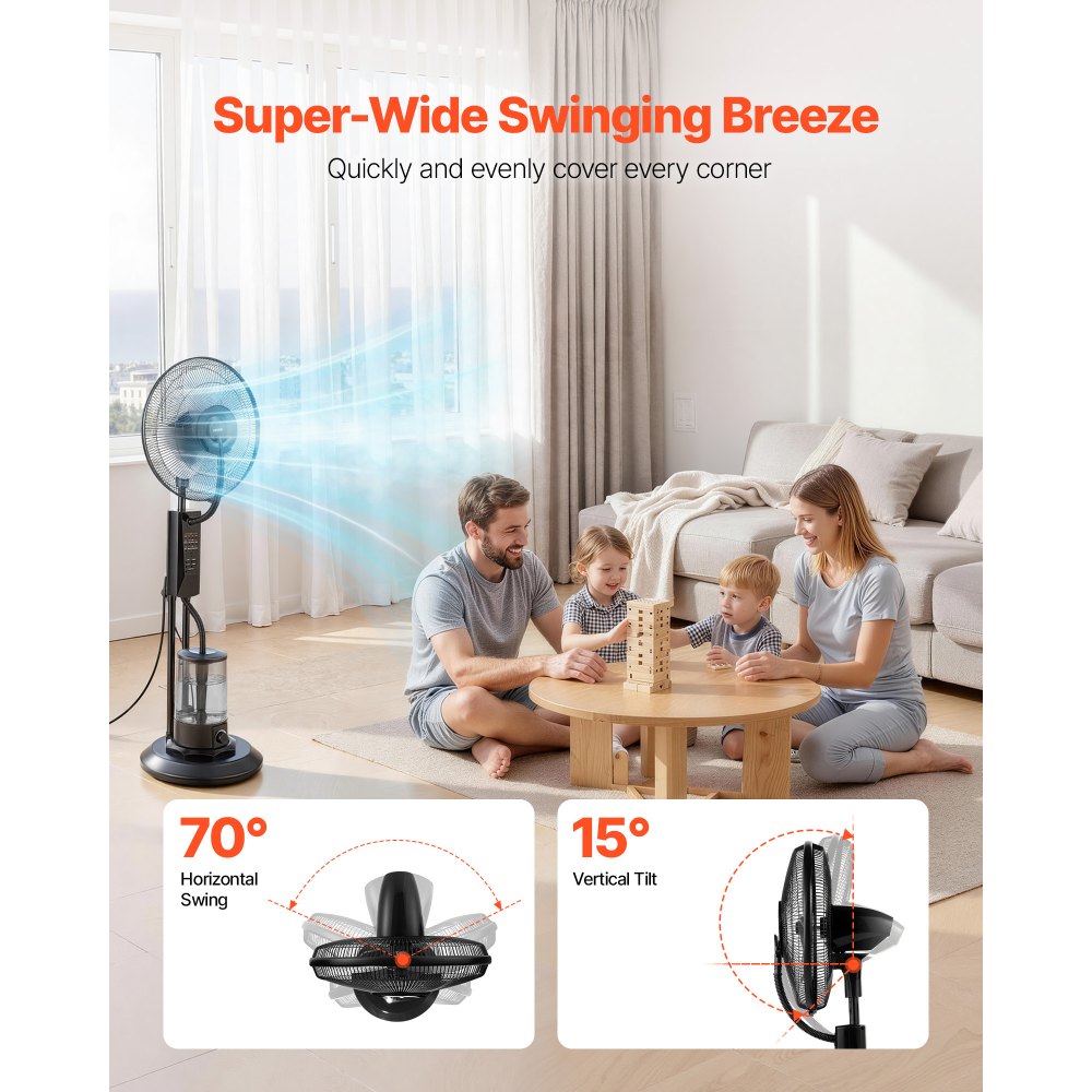 VEVOR Misting Fan, 3 Wind Speeds Misting Standing Fan, Mister Cooling Fans with 3L Water Tank, Remote & Panel Control, Water Cooling Fans for Indoor, Outdoor, Garage, Patio, Living Room, 3 Modes
