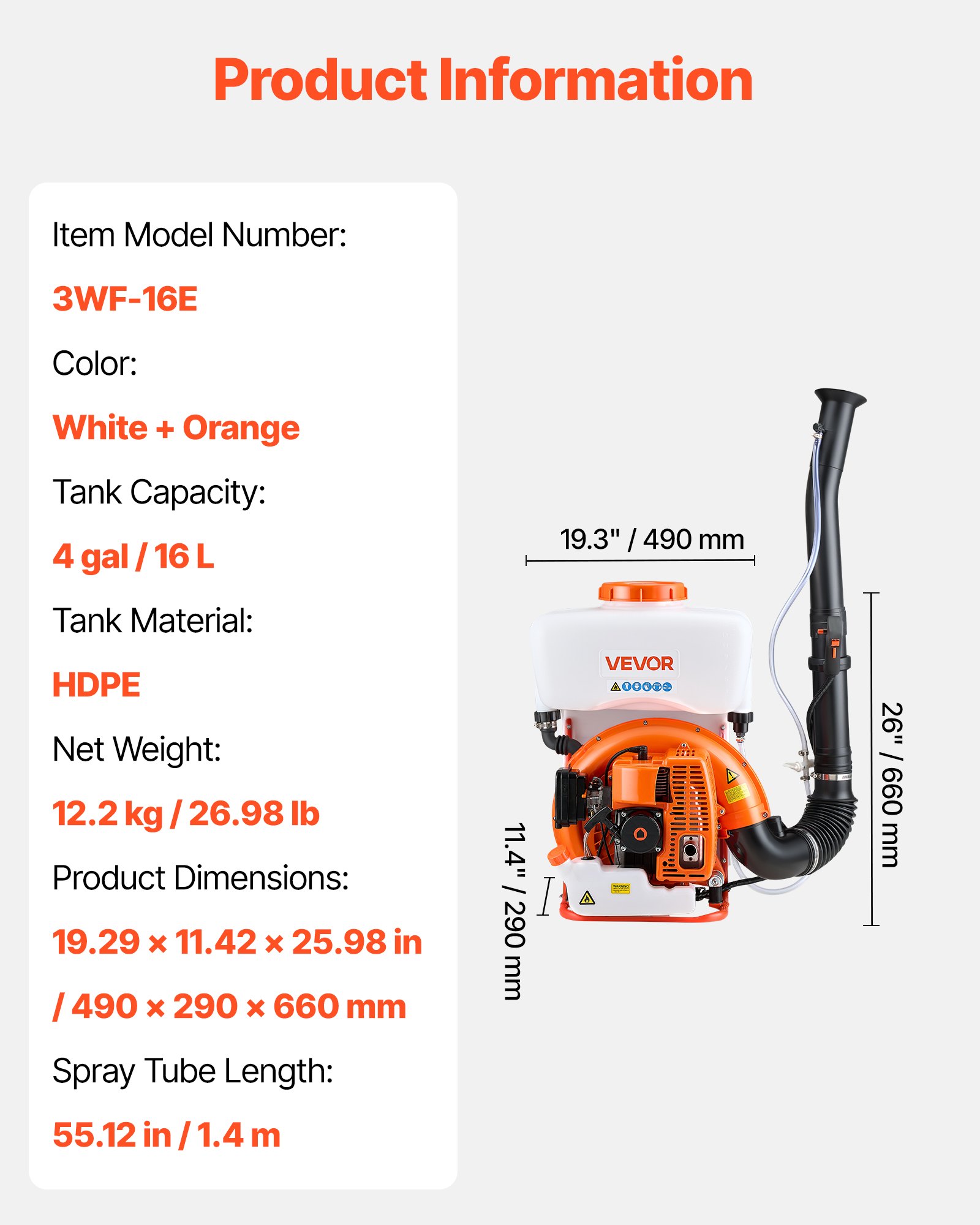 VEVOR Backpack Fogger Sprayer, 63CC 3HP Engine, Gas Powered Fogger Sprayer with 16L Tank, Powder and Liquid Mister Duster System for Effective Fleas Ticks Critters Control, Gardening & Farming