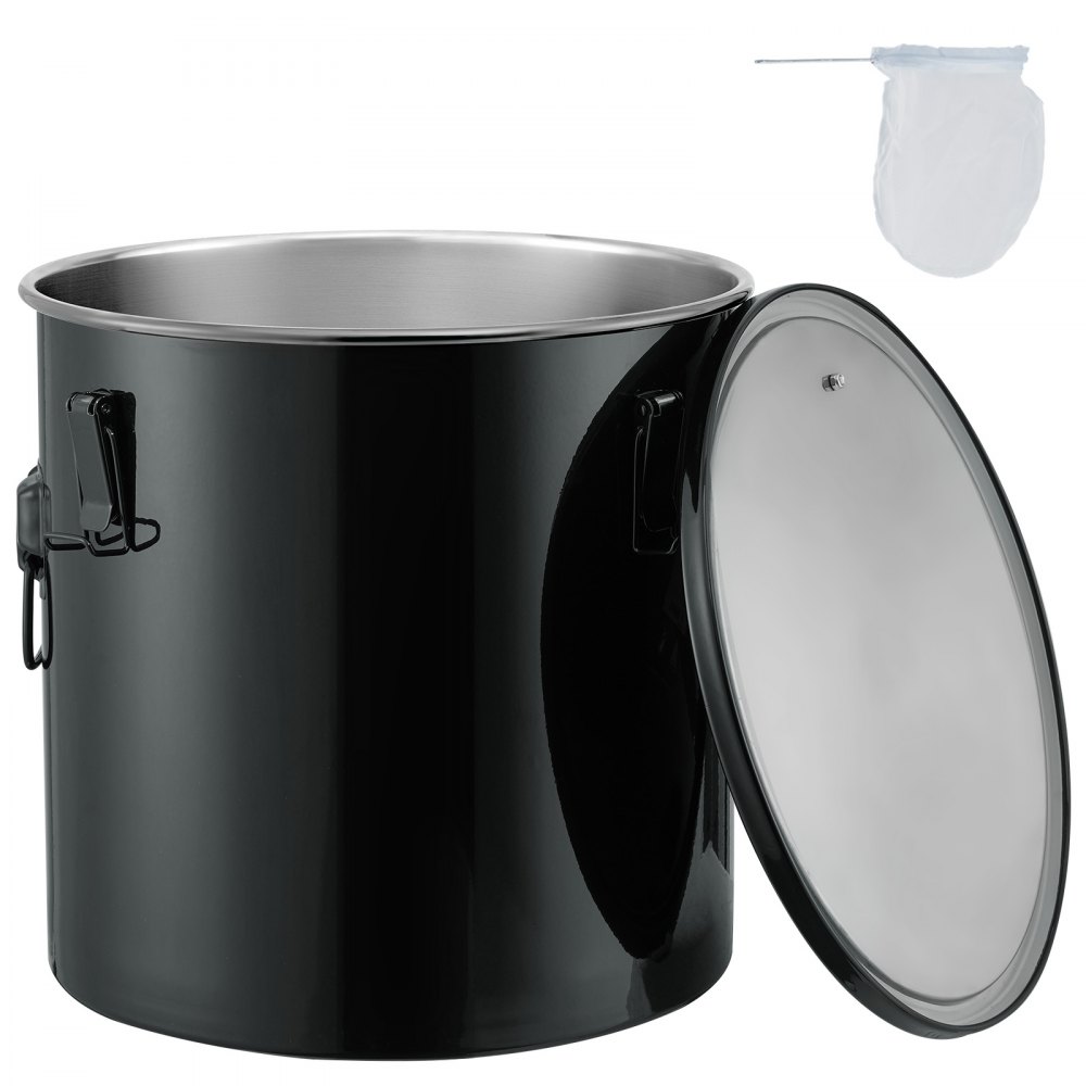 black VEVOR fryer grease bucket with lid and white grease filter in the background.