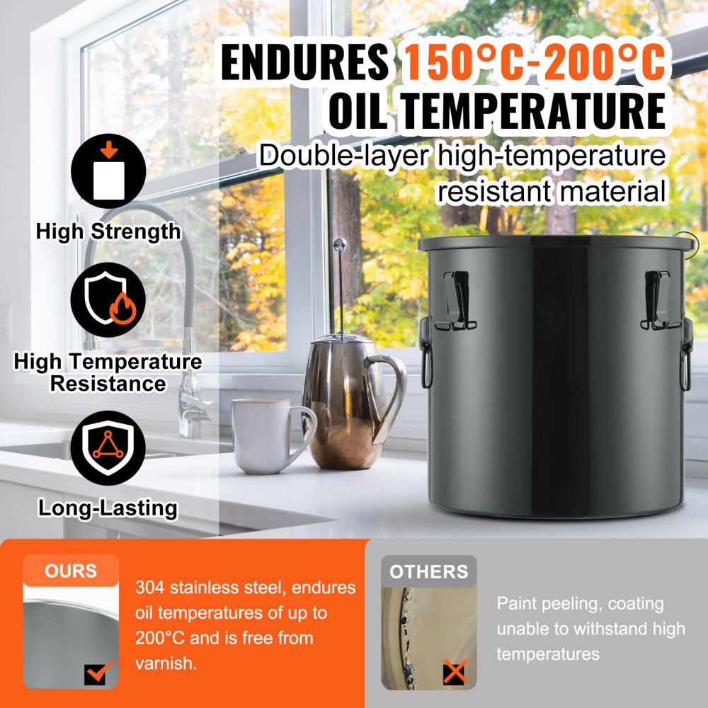 VEVOR fryer grease bucket on a kitchen countertop, showcasing high-temperature resistance and durability.