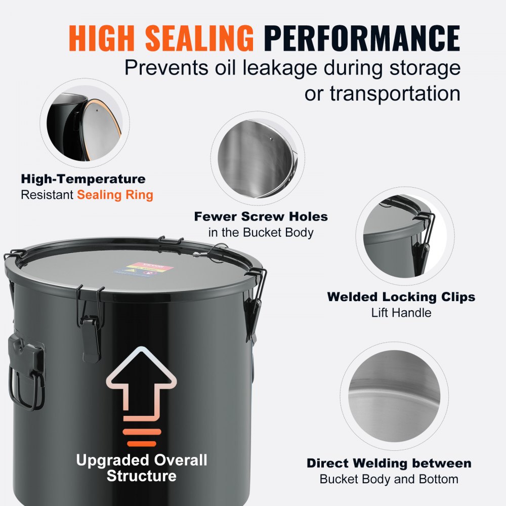 VEVOR fryer grease bucket with high sealing performance, welded locking clips, and fewer screw holes.