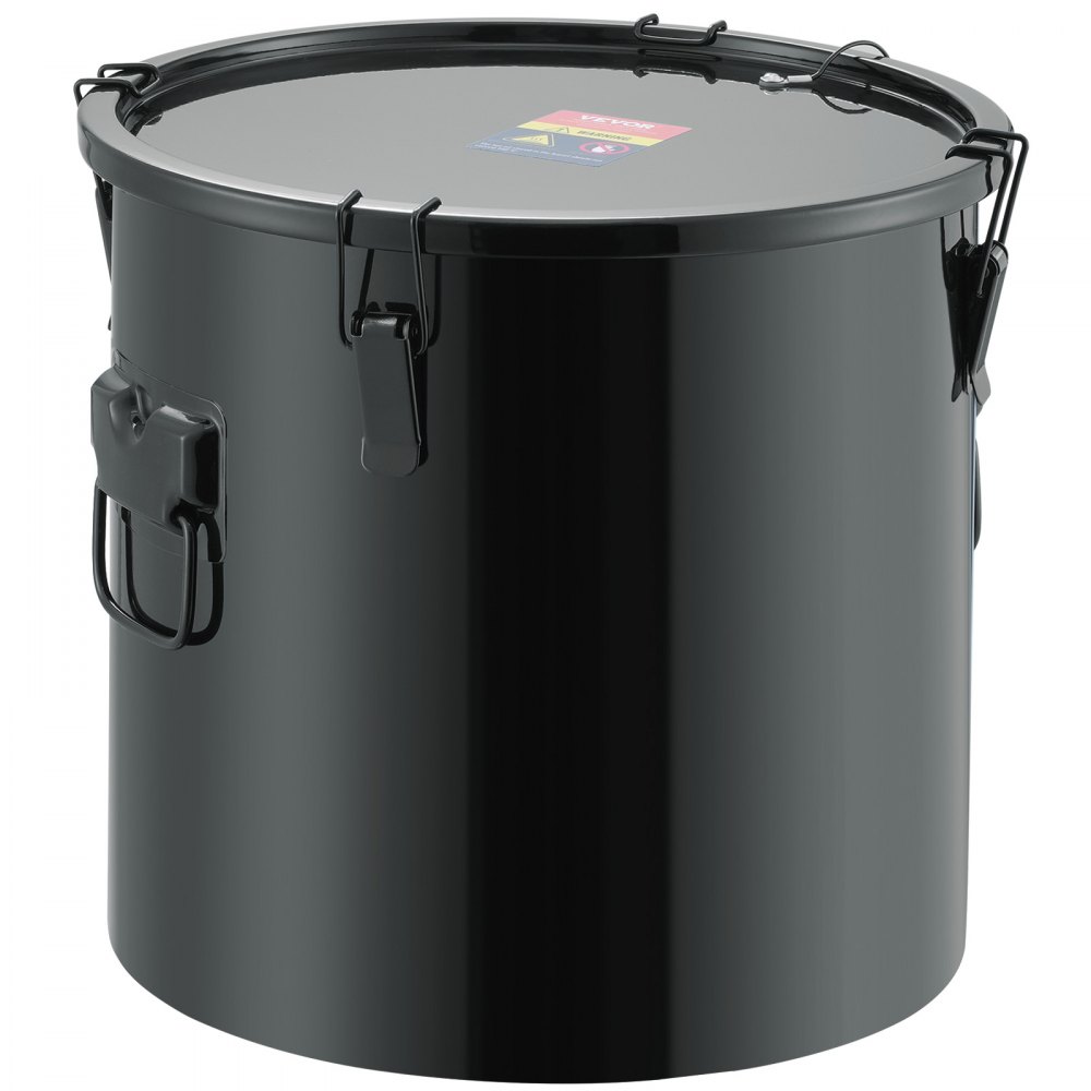 black VEVOR fryer grease bucket with secure lid clamps and side handles.
